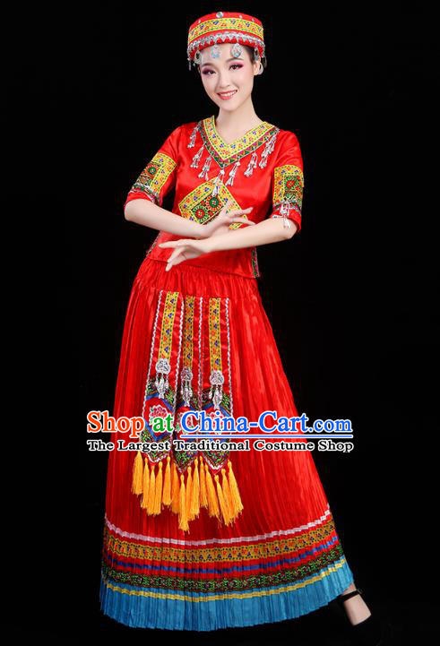 Chinese Yunnan Yi Ethnic Minority Folk Dance Costume Traditional Miao Nationality Dance Red Dress Outfits