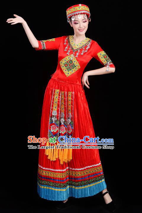 Chinese Yunnan Yi Ethnic Minority Folk Dance Costume Traditional Miao Nationality Dance Red Dress Outfits