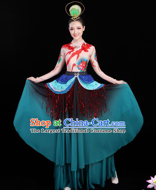 Chinese Traditional Lotus Dance Performance Clothing Classical Dance Costumes Umbrella Dance Deep Green Dress