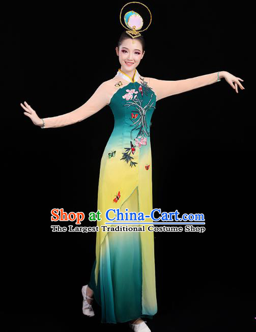 Chinese Umbrella Dance Embroidered Orchids Green Dress Traditional Performance Clothing Classical Dance Costumes