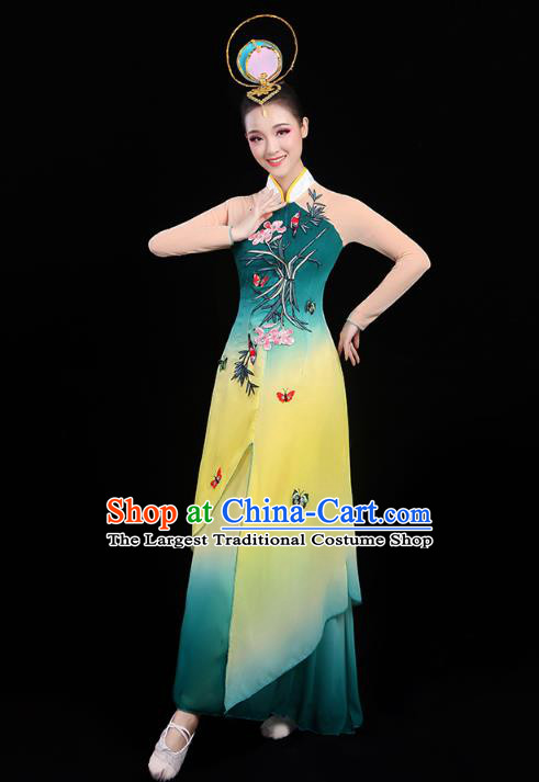 Chinese Umbrella Dance Embroidered Orchids Green Dress Traditional Performance Clothing Classical Dance Costumes
