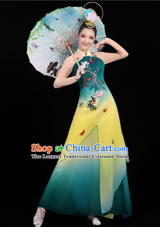 Chinese Umbrella Dance Embroidered Orchids Green Dress Traditional Performance Clothing Classical Dance Costumes