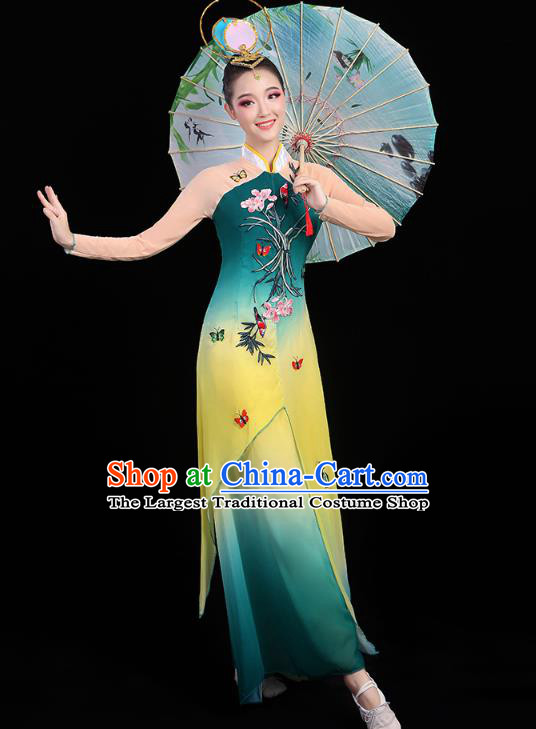 Chinese Umbrella Dance Embroidered Orchids Green Dress Traditional Performance Clothing Classical Dance Costumes