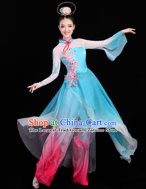 Chinese Classical Dance Costumes Umbrella Dance Embroidered Blue Dress Traditional Performance Clothing