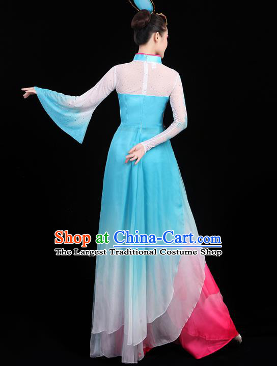 Chinese Classical Dance Costumes Umbrella Dance Embroidered Blue Dress Traditional Performance Clothing