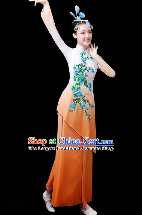 Chinese Umbrella Dance Orange Outfits Traditional Fan Dance Performance Clothing Classical Dance Costume