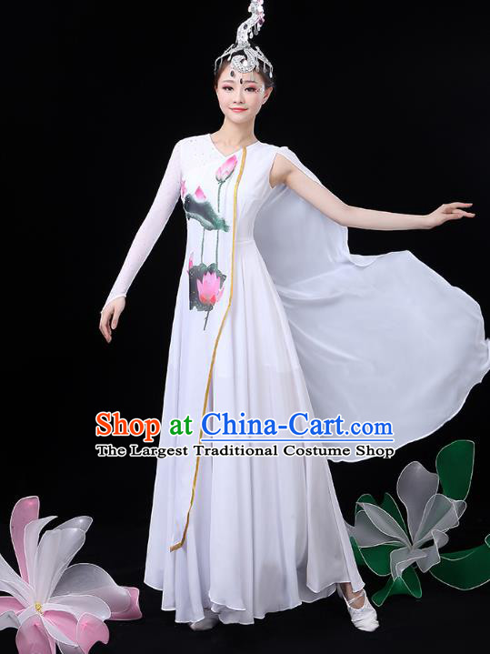 Chinese Umbrella Dance White Dress Traditional Lotus Dance Performance Clothing Classical Dance Costume