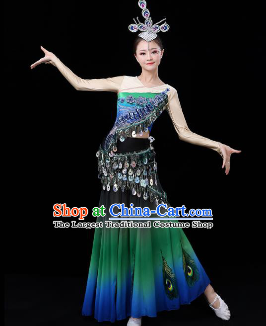 Chinese Yunnan Ethnic Folk Dance Costume Traditional Dai Minority Nationality Peacock Dance Sequins Tassel Dress Outfits