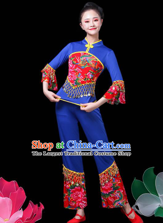 China Jiaozhou Yangko Dance Royalblue Uniforms Fan Dance Clothing Folk Dance Costume