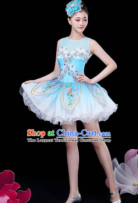 China Jazz Dance Embroidered Blue Bubble Dress Spring Festival Gala Opening Dance Costume Modern Dance Clothing