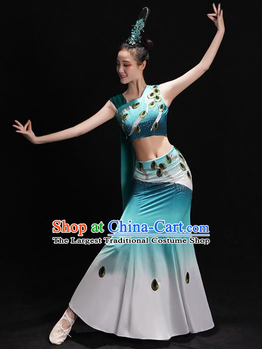 Chinese Yunnan Ethnic Minority Folk Dance Costume Traditional Dai Nationality Peacock Dance Green Dress Outfits