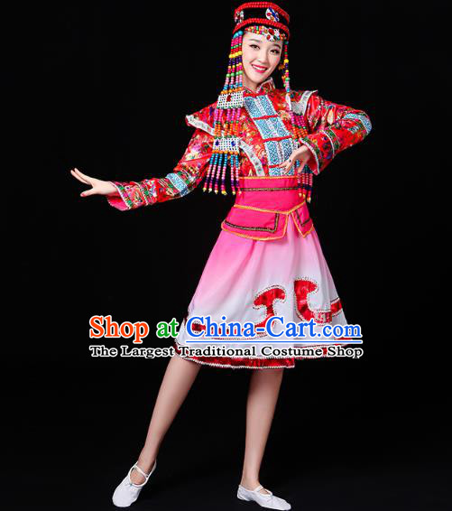 Chinese Mongolian Ethnic Performance Costume Traditional Mongol Minority Nationality Folk Dance Pink Short Dress Outfits