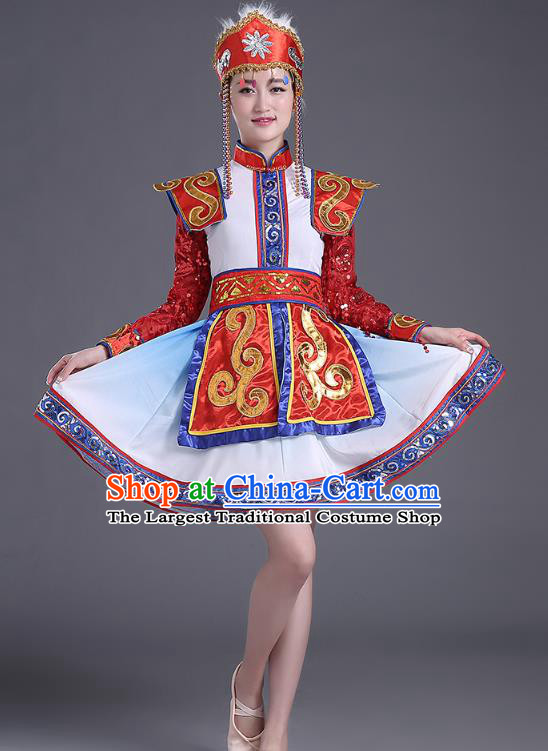Chinese Traditional Mongol Minority Nationality Folk Dance Short Dress Outfits Mongolian Ethnic Performance Costume