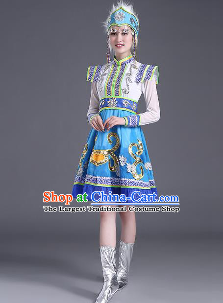 Chinese Mongolian Ethnic Minority Performance Costume Traditional Mongol Nationality Folk Dance Blue Short Dress