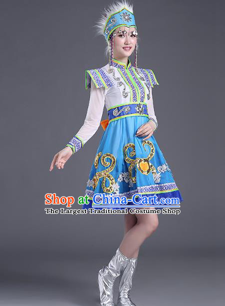 Chinese Mongolian Ethnic Minority Performance Costume Traditional Mongol Nationality Folk Dance Blue Short Dress