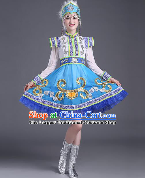 Chinese Mongolian Ethnic Minority Performance Costume Traditional Mongol Nationality Folk Dance Blue Short Dress