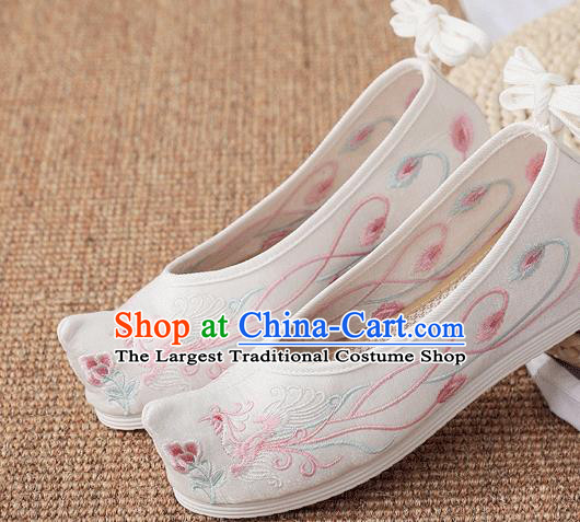 China Handmade White Bow Shoes Traditional Hanfu Shoes Embroidered Phoenix Shoes