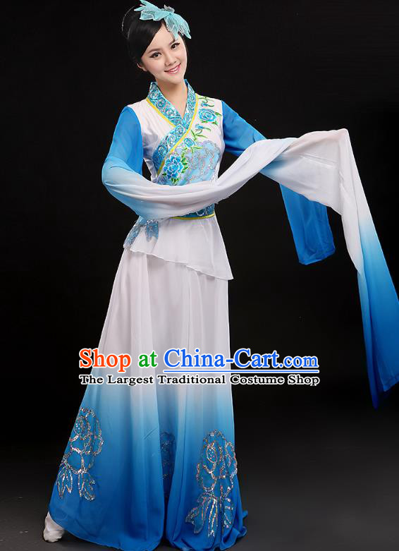 Chinese Umbrella Dance Blue Outfits Traditional Water Sleeve Dance Costume Classical Dance Clothing