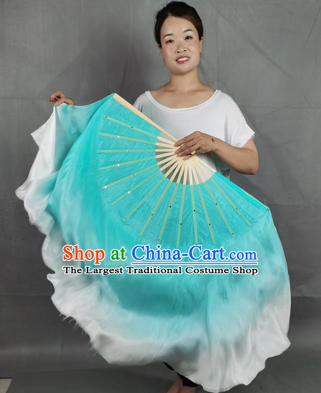 China Classical Dance Blue Silk Fan Jiaozhou Yangko Dance Folding Fan Group Dance Long Ribbon Fan