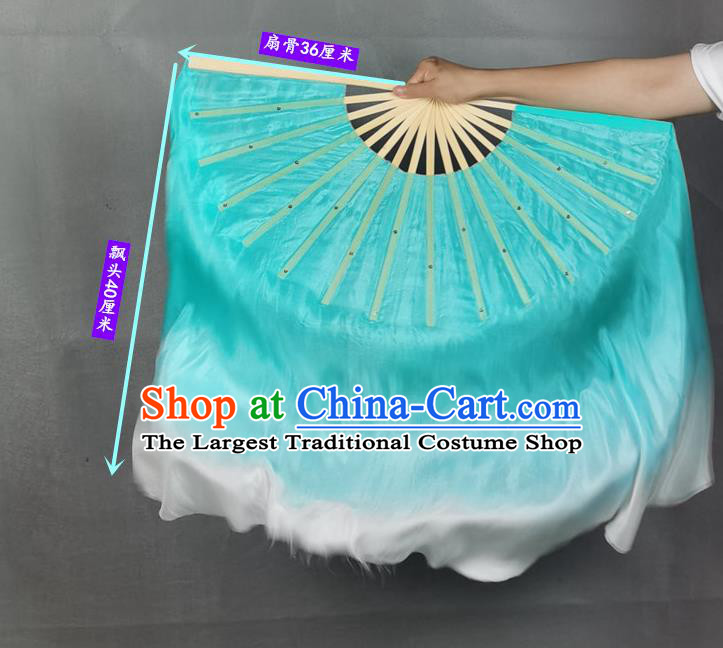 China Classical Dance Blue Silk Fan Jiaozhou Yangko Dance Folding Fan Group Dance Long Ribbon Fan