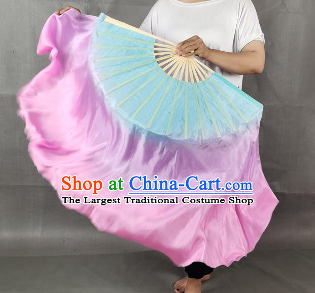 China Yangko Dance Folding Fan Group Dance Pink Long Ribbon Fan Classical Dance Blue Silk Fan