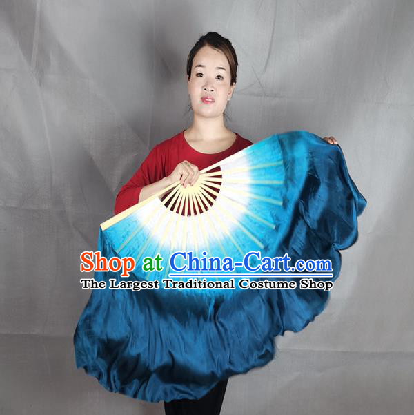 China Classical Dance Navy Blue Silk Fan Yangko Dance Folding Fan Stage Performance Long Ribbon Fan