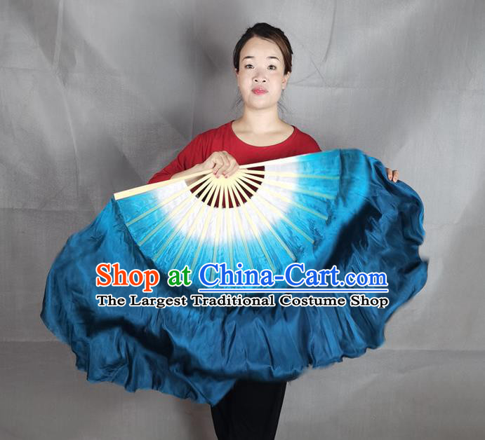 China Classical Dance Navy Blue Silk Fan Yangko Dance Folding Fan Stage Performance Long Ribbon Fan