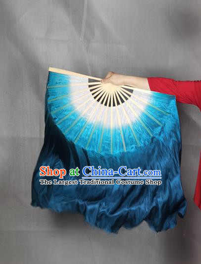 China Classical Dance Navy Blue Silk Fan Yangko Dance Folding Fan Stage Performance Long Ribbon Fan