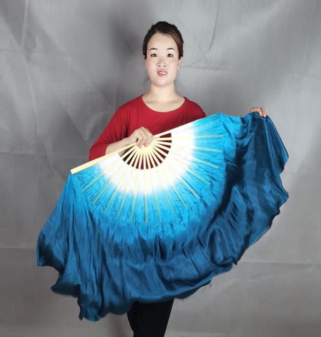 China Classical Dance Navy Blue Silk Fan Yangko Dance Folding Fan Stage Performance Long Ribbon Fan