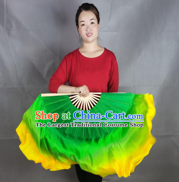 China Stage Performance Long Ribbon Fan Classical Dance Green Silk Fan Yangko Dance Folding Fan