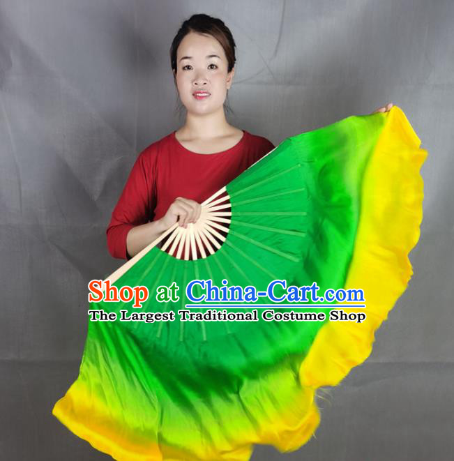 China Stage Performance Long Ribbon Fan Classical Dance Green Silk Fan Yangko Dance Folding Fan