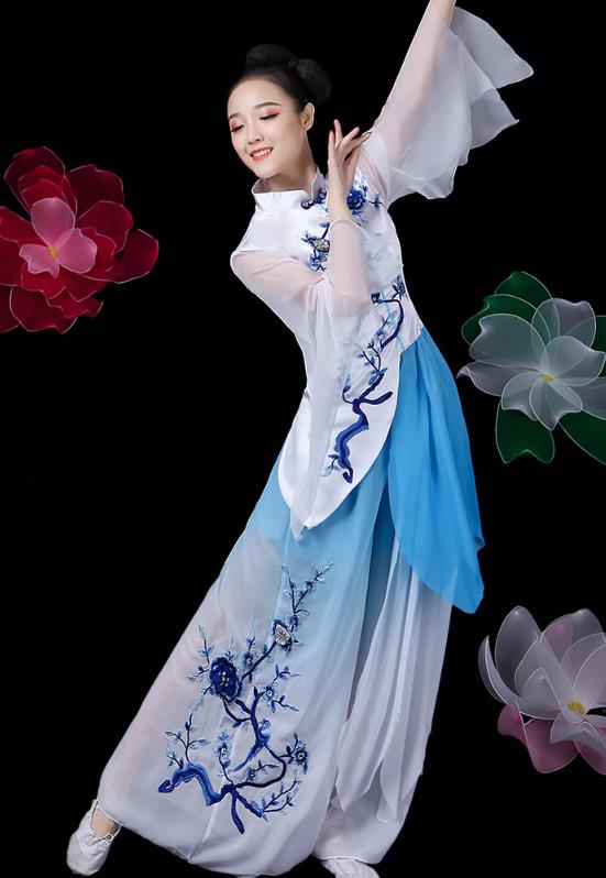Chinese Umbrella Dance Dress Traditional Woman Solo Dance Embroidered White Outfits Classical Dance Clothing
