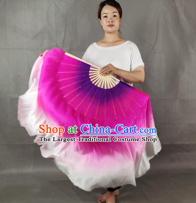 China Handmade Double Side Folding Fan Yangko Dance Performance Fan Rosy Silk Long Ribbon Fan