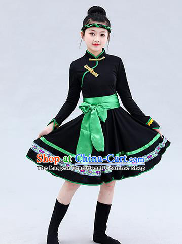 Chinese Mongolian Ethnic Children Costume Traditional Mongol Nationality Folk Dance Black Short Dress