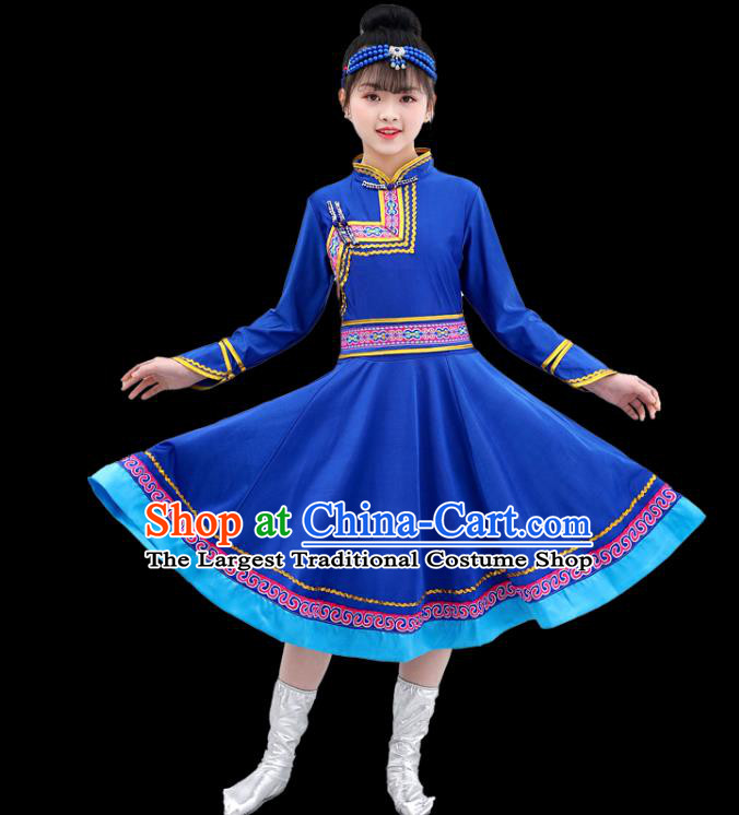 Chinese Traditional Mongolian Nationality Children Royalblue Short Dress Ethnic Stage Performance Costume