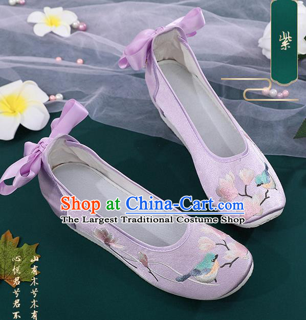 China National Violet Cloth Shoes Traditional Princess Shoes Embroidered Mangnolia Bird Shoes