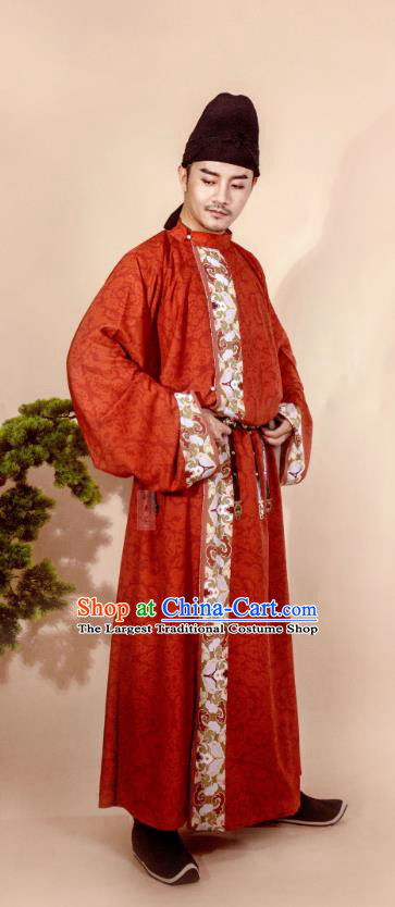 China Ancient Tang Dynasty Swordsman Historical Clothing Red Silk Round Collar Robe