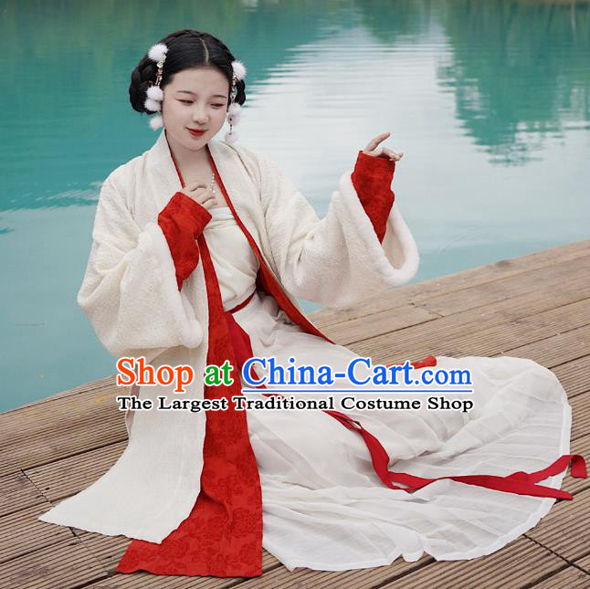 China Traditional Song Dynasty Winter Historical Clothing Ancient Young Lady Hanfu Dress Apparels Full Set