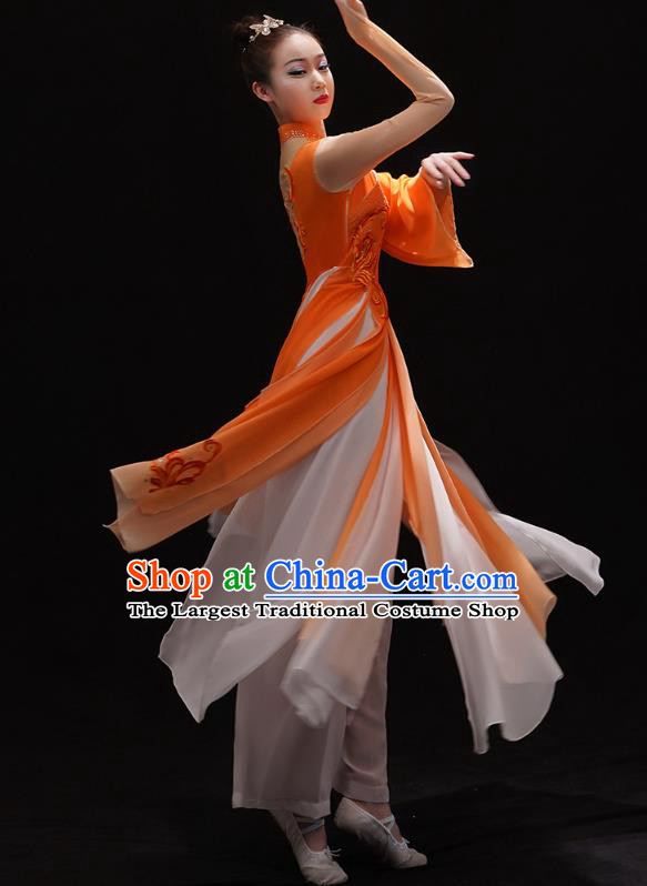 Chinese Traditional Woman Water Sleeve Dance Orange Dress Jiangnan Umbrella Dance Outfits Classical Dance Clothing