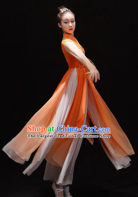 Chinese Traditional Woman Water Sleeve Dance Orange Dress Jiangnan Umbrella Dance Outfits Classical Dance Clothing