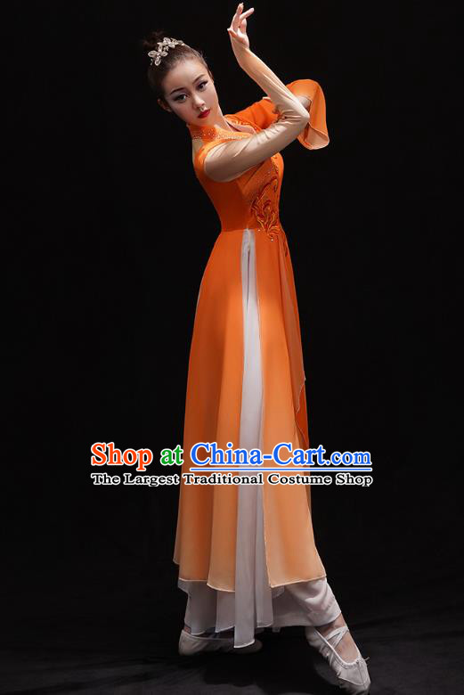 Chinese Traditional Woman Water Sleeve Dance Orange Dress Jiangnan Umbrella Dance Outfits Classical Dance Clothing