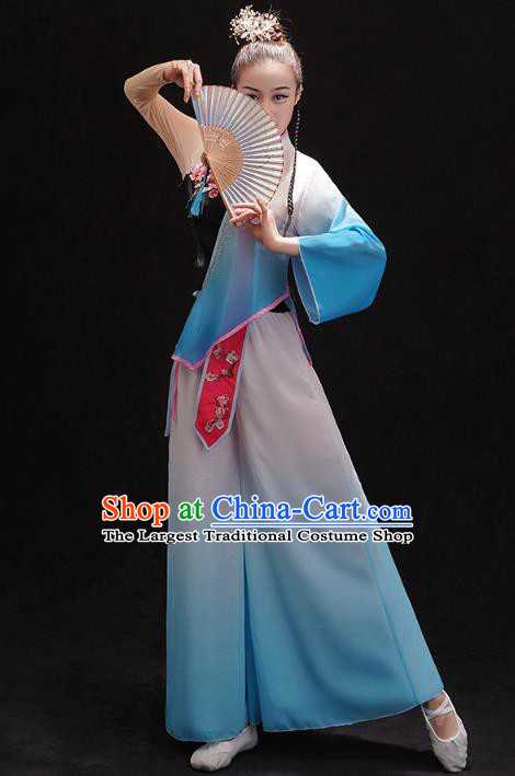 China Women Group Dance Performance Costume Yangko Dance Blue Uniforms Folk Dance Fan Dance Clothing