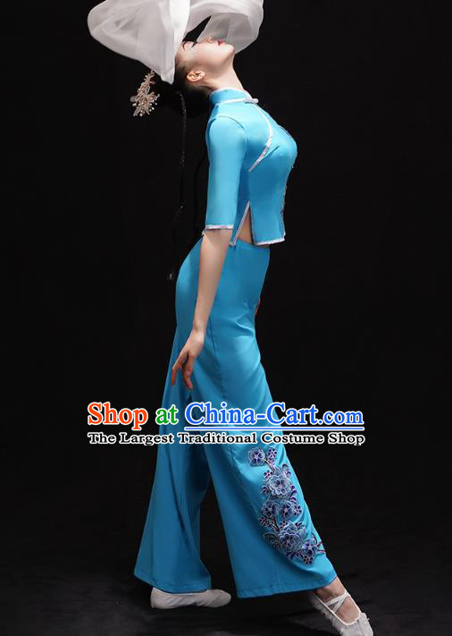 China Folk Dance Fan Dance Clothing Women Group Dance Performance Costume Yangko Dance Blue Uniforms