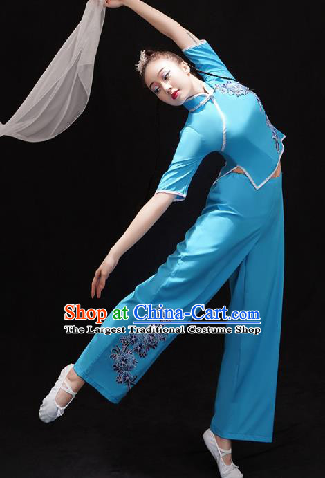 China Folk Dance Fan Dance Clothing Women Group Dance Performance Costume Yangko Dance Blue Uniforms