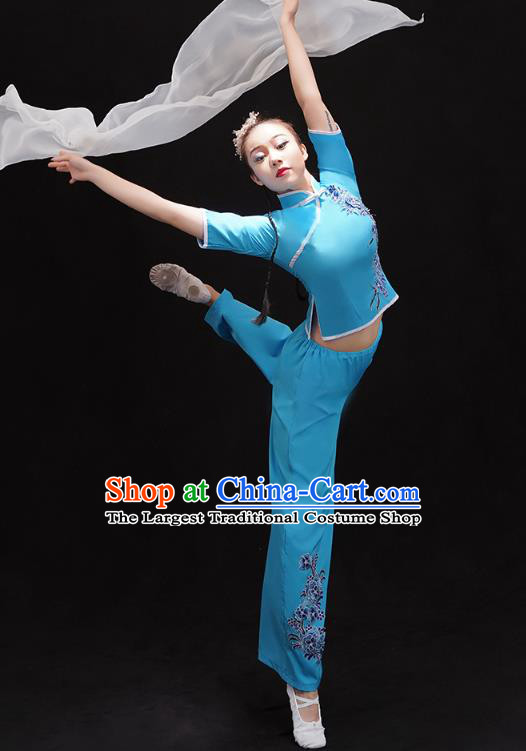 China Folk Dance Fan Dance Clothing Women Group Dance Performance Costume Yangko Dance Blue Uniforms