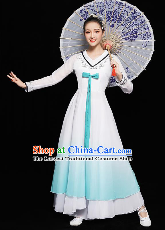 Chinese Jiangnan Umbrella Dance White Dress Traditional Fan Dance Costumes Classical Dance Clothing