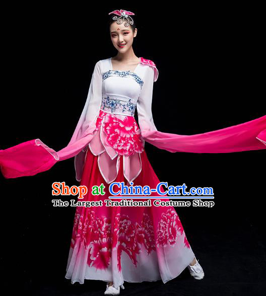 Chinese Traditional Umbrella Dance Outfits Classical Dance Clothing Wide Sleeve Dance Performance Rosy Dress