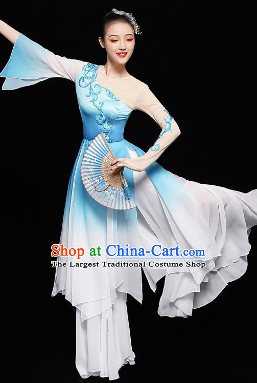 Chinese Fan Dance Blue Dress Traditional Umbrella Dance Costumes Classical Dance Clothing