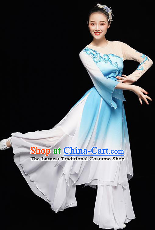 Chinese Fan Dance Blue Dress Traditional Umbrella Dance Costumes Classical Dance Clothing