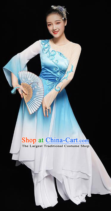 Chinese Fan Dance Blue Dress Traditional Umbrella Dance Costumes Classical Dance Clothing